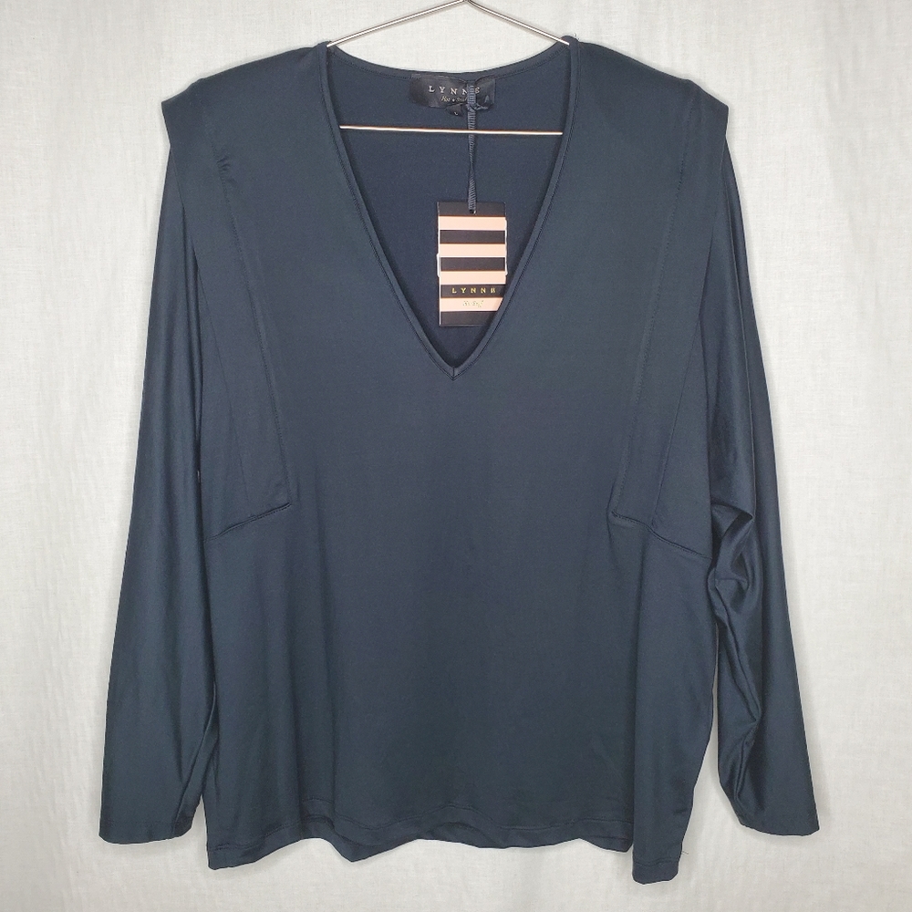 😀 Lynne Black Stretch V-Neck Top Blouse Long Sleeves NWT L